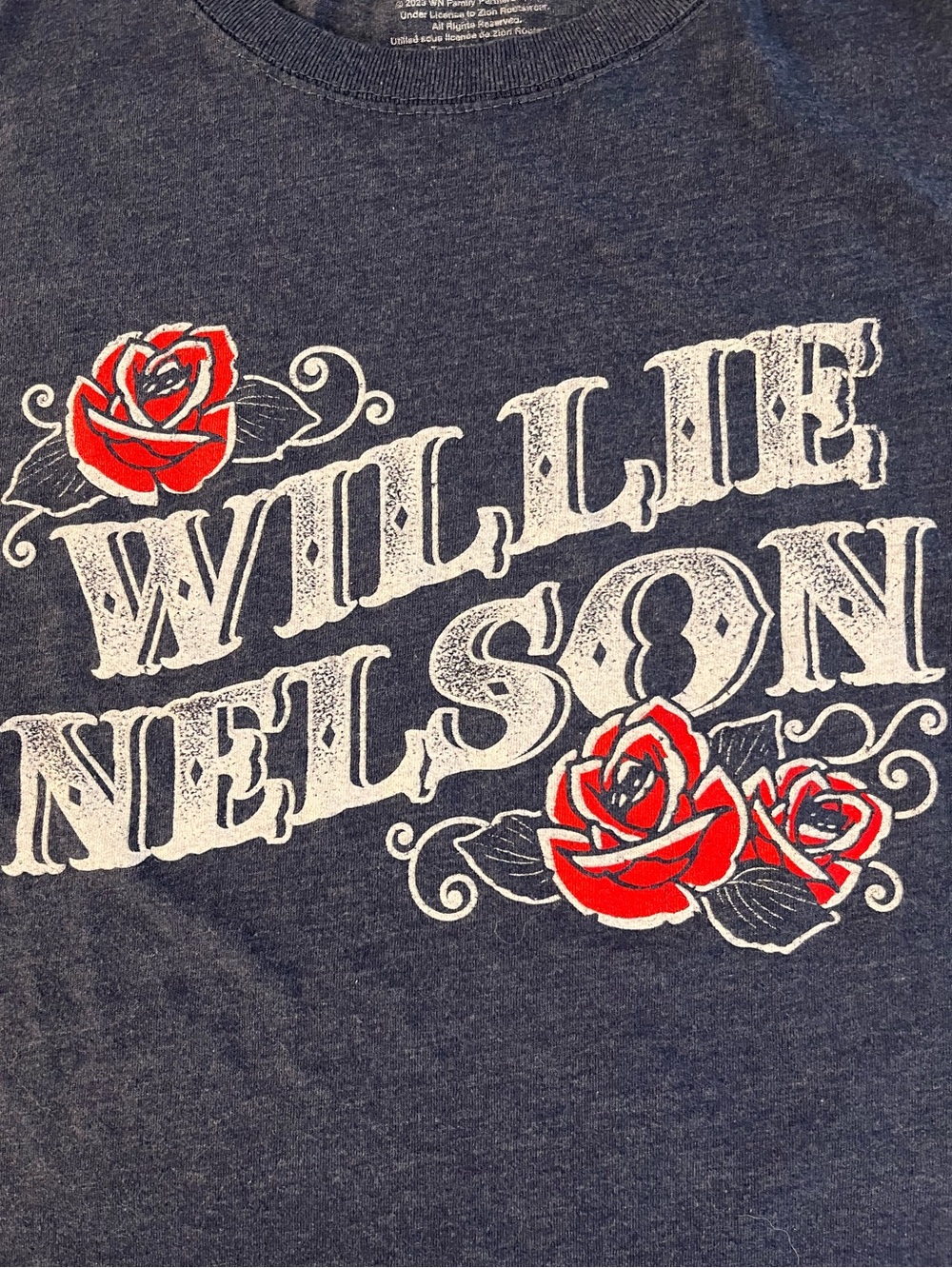 Willie Nelson Graphic Tee with Red Roses on heather navy background